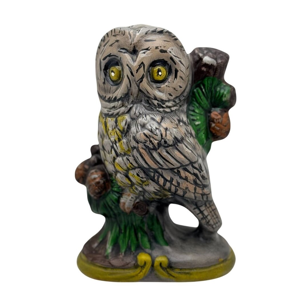Vintage Hand-Painted Ceramic Owl Figurine Statue With Tree & Acorns
